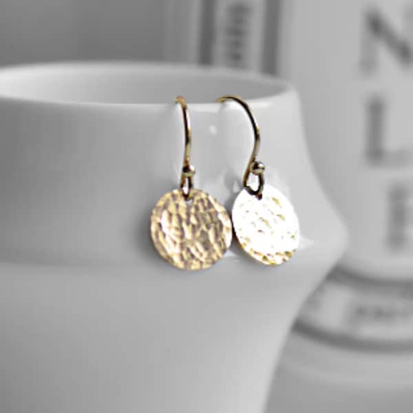Hammered 14k Gold Fill Disc Earrings: Tiny Dangle Drop, Handmade