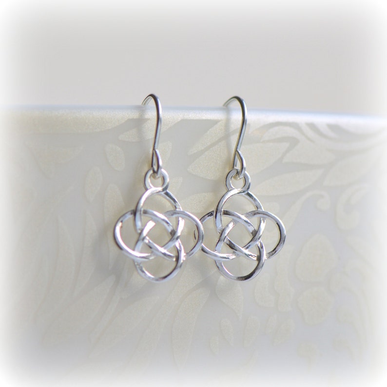 Celtic Knot Earrings in Sterling Silver, Small Delicate Love Symbol Earrings, Anniversary Gift for Her, Dainty Dangle Earrings for work image 4