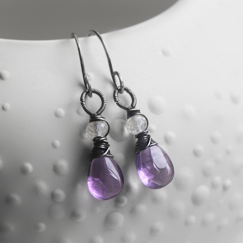 Amethyst & Moonstone Dangle Earrings, Handmade Gemstone Earrings wire wrapped in Oxidised Sterling Silver, Perfect Gift for Wife image 4