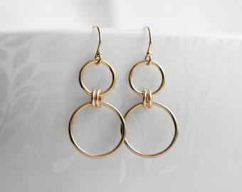 Gold Circle Dangle Earrings, Delicate Gold Hoop Earrings, Two Circles Earrings in Gold Fill, Handmade Jewelry Gift for Her by Blissaria UK