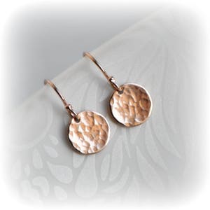 Birthday Gift for Girlfriend, Small Rose Gold Dangle Earrings, Tiny Hammered Rose Gold Disc Earrings, Earrings for Work, Gift for Her image 6