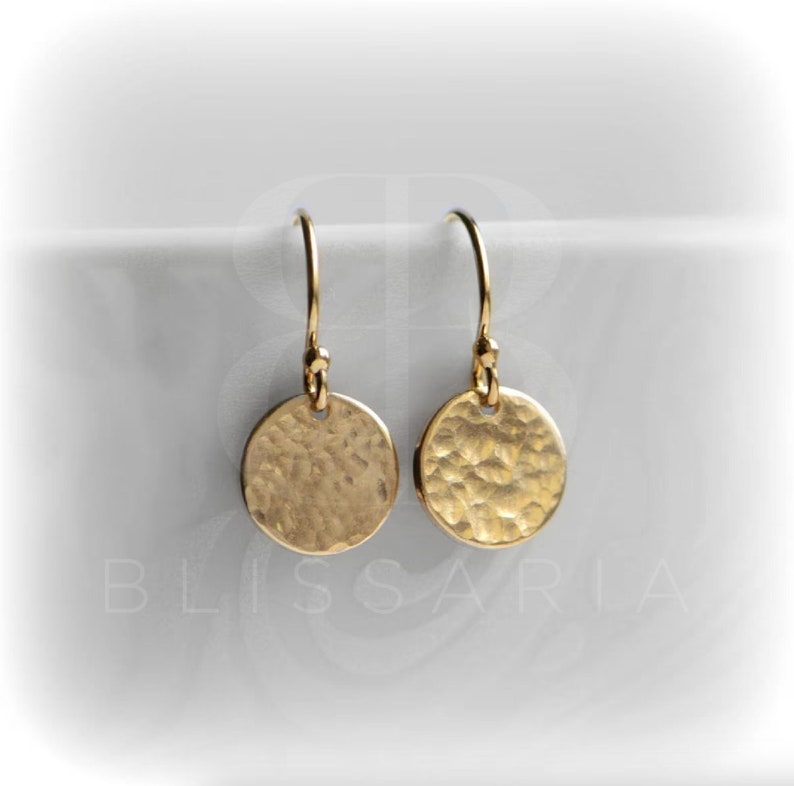 Tiny gold hammered disc earrings, original design & photographic image by BLISSARIA 2017 Copyright