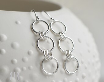 Silver Circle Drop Earrings, Long Silver Earrings, Boho Handmade Earrings, Gift for Her, Sterling Silver Hoop Earrings, Made in England UK