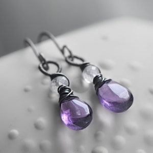 Amethyst & Moonstone Dangle Earrings, Handmade Gemstone Earrings wire wrapped in Oxidised Sterling Silver, Perfect Gift for Wife image 2