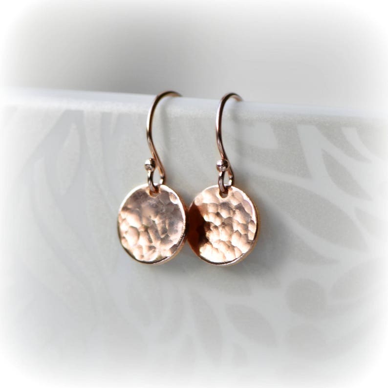 Birthday Gift for Girlfriend, Small Rose Gold Dangle Earrings, Tiny Hammered Rose Gold Disc Earrings, Earrings for Work, Gift for Her image 8