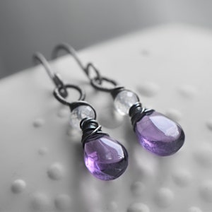 Amethyst & Moonstone Dangle Earrings, Handmade Gemstone Earrings wire wrapped in Oxidised Sterling Silver, Perfect Gift for Wife image 5