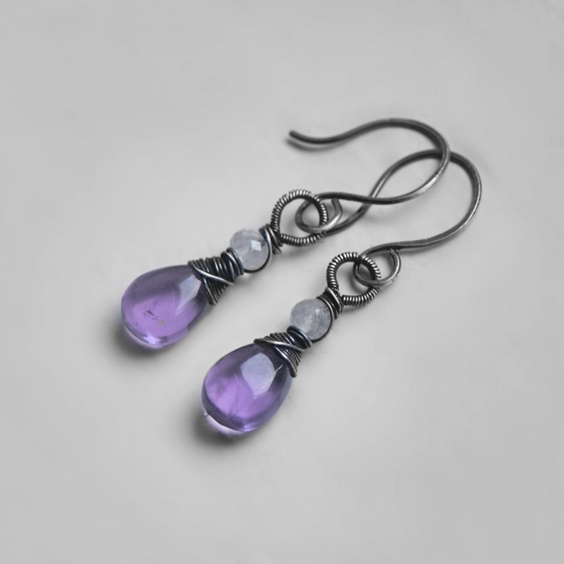 Amethyst & Moonstone Dangle Earrings, Handmade Gemstone Earrings wire wrapped in Oxidised Sterling Silver, Perfect Gift for Wife image 6