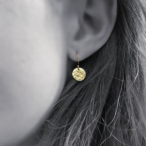 Hammered Gold Disc Earrings, Birthday Gift for Her, 14k Gold Fill Earrings, Tiny Gold Dangle Earrings, Handmade in England Drop Earring image 4