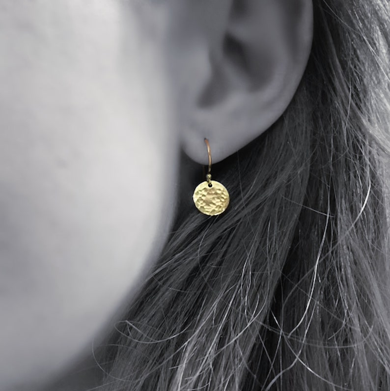 Hammered Gold Disc Earrings, Birthday Gift for Her, 14k Gold Fill Earrings, Tiny Gold Dangle Earrings, Handmade in England Drop Earring image 4
