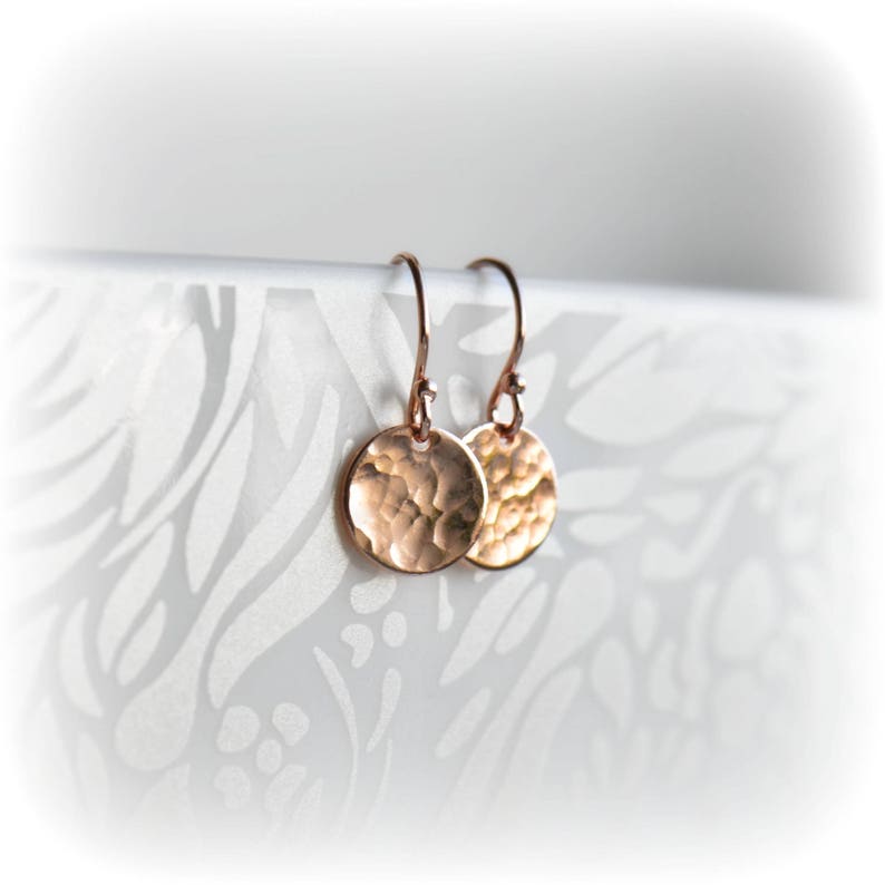 Birthday Gift for Girlfriend, Small Rose Gold Dangle Earrings, Tiny Hammered Rose Gold Disc Earrings, Earrings for Work, Gift for Her image 4