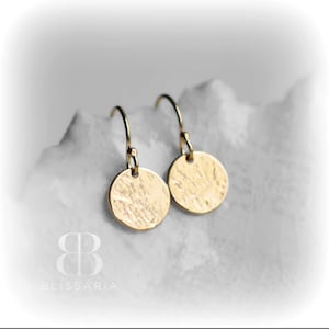 Blissaria 2024 Small Gold Earrings with Hammered Discs, Handmade in England.  Perfect Earrings  for work and gifts.