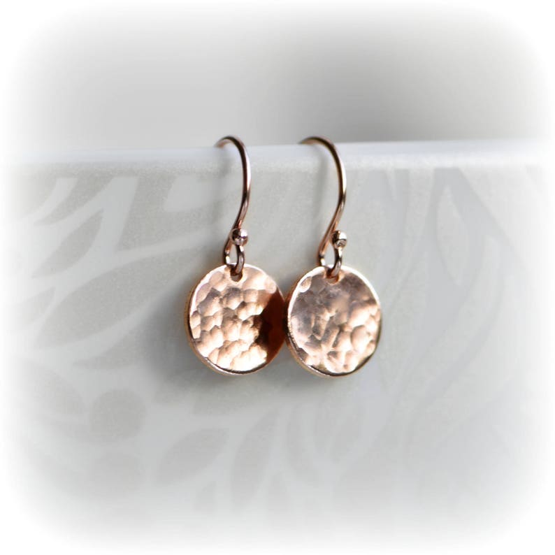 Birthday Gift for Girlfriend, Small Rose Gold Dangle Earrings, Tiny Hammered Rose Gold Disc Earrings, Earrings for Work, Gift for Her image 2