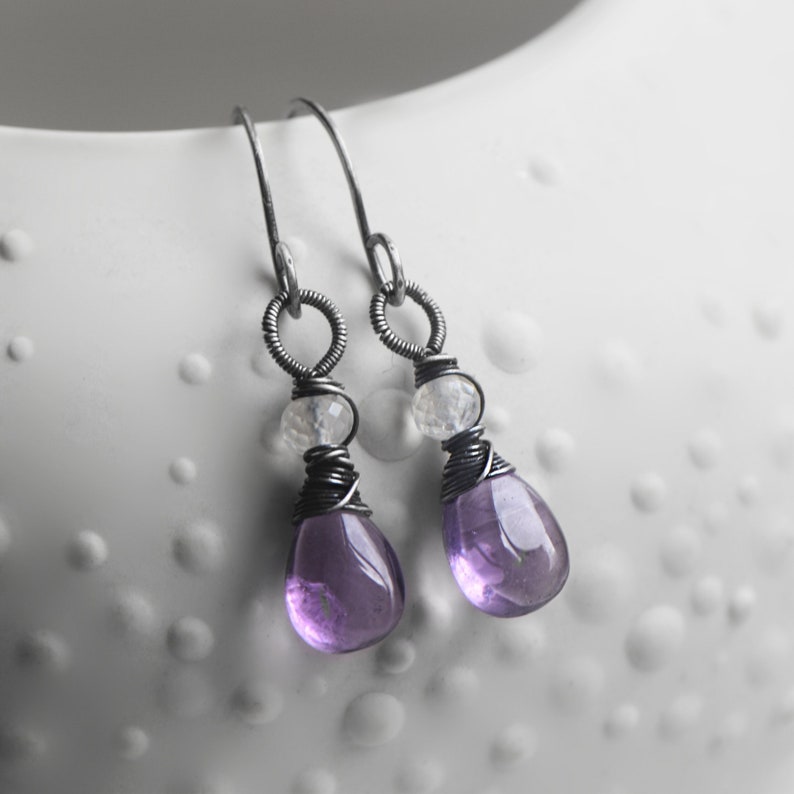 Amethyst & Moonstone Dangle Earrings, Handmade Gemstone Earrings wire wrapped in Oxidised Sterling Silver, Perfect Gift for Wife image 1