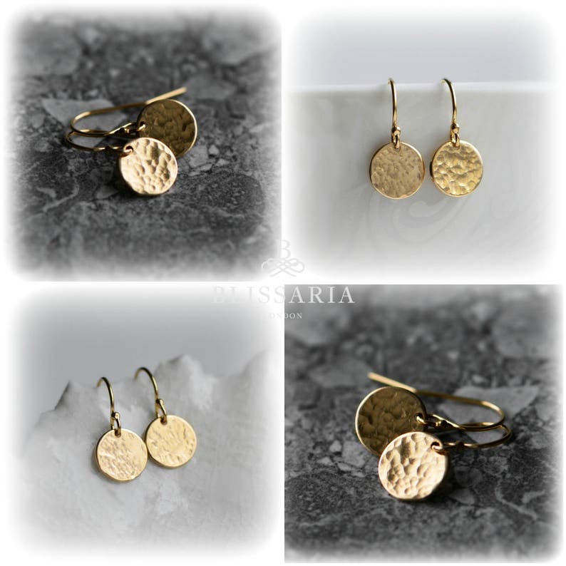 Hammered Gold Earrings, Small Gold Disc Earrings, Tiny Gold Dot Earrings Dainty Minimalist Jewellery Handmade Love Gift for Her by Blissaria image 10