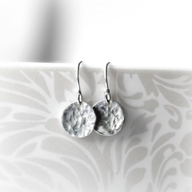 Silver Disc Earrings Hammered Earrings Birthday Gift, Tiny Silver Dangle Earrings Small Minimalist Earrings Silver Full Moon Earrings image 4