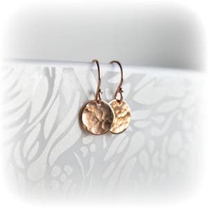 Birthday Gift for Girlfriend, Small Rose Gold Dangle Earrings, Tiny Hammered Rose Gold Disc Earrings, Earrings for Work, Gift for Her image 9