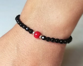 Small bracelet women Delicate black bead bracelet Fine stretch bracelet Slim black gem bracelet men Red coral Gift for her Black gemstone