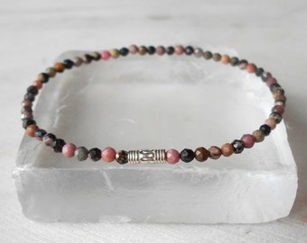 Slim Beaded Bracelet Pink Black Bracelet Silver Rhodochrosite Faceted Bracelet Women Small Stretch Bracelet 3 mm Multi-Color Dainty Bracelet