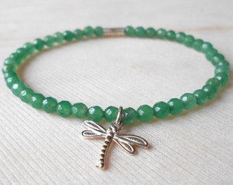 Dragonfly Bracelet Green Jade Bracelet for Women Silver Dragonfly Charm Beaded Bracelet Jade Beads Bracelet Small Stretch Bracelet 4 mm