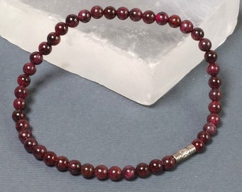 Slim Garnet Bracelet Woman Small Stretch Bracelet 4 mm Silver Bracelet Men Garnet Jewelry Beaded Bracelet for Womens Tiny Beads Bracelet