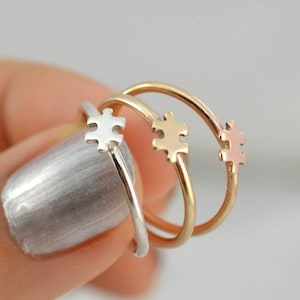 Gold Puzzle Piece  Ring | Dainty Sterling Silver Stackable Layering Band, Autism Awareness  Support Jewelry