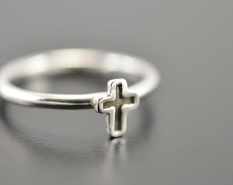 Tiny cross ring, Cross ring, Christian ring, Promise ring, Faith ring, Her gift, Easter jewelry, Silver cross ring, Silver stacking rings