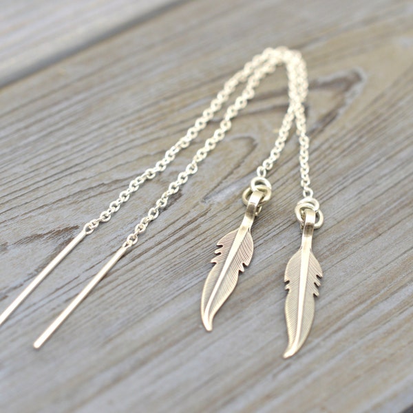 Feather threaders, Threader Earrings, Feather jewelry, Pull-through earrings, Feather earrings, ECO Environmentalist gift, Solid 925 silver