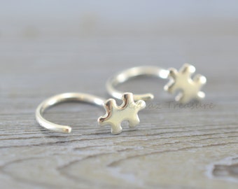 Puzzle piece hoops, Tiny Hugging Hoop, Autism Awareness, Mini Hugger Hoop, Ear Jacket, Ear hug hoop, Tiny Hoop Earrings, Solid 925 silver