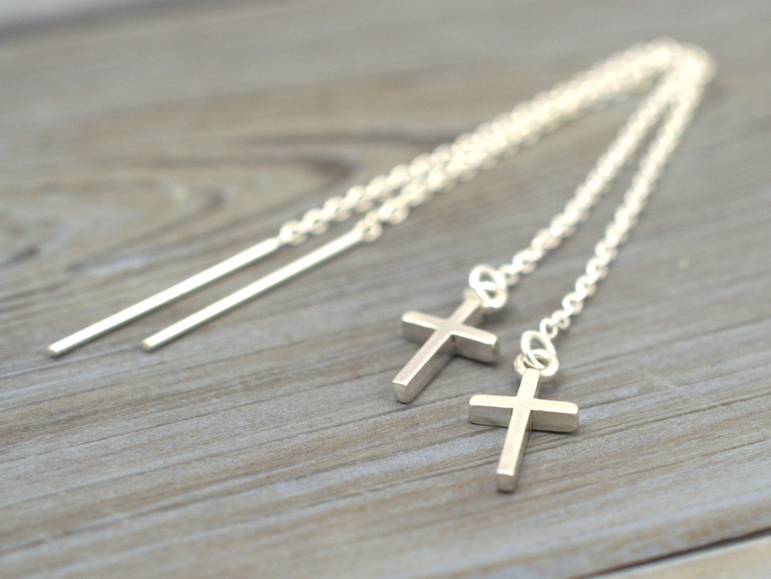 Tiny Cross Threaders, Threader Earrings, Ear Thread Dangles, Pull