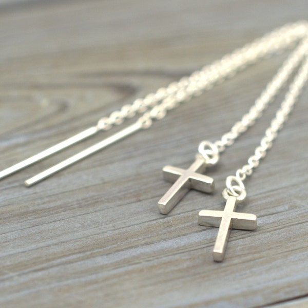 Tiny Cross threaders, Threader Earrings, Ear thread dangles, Pull-through earring, Cross dangles, Solid 925 silver, Chain thread earrings