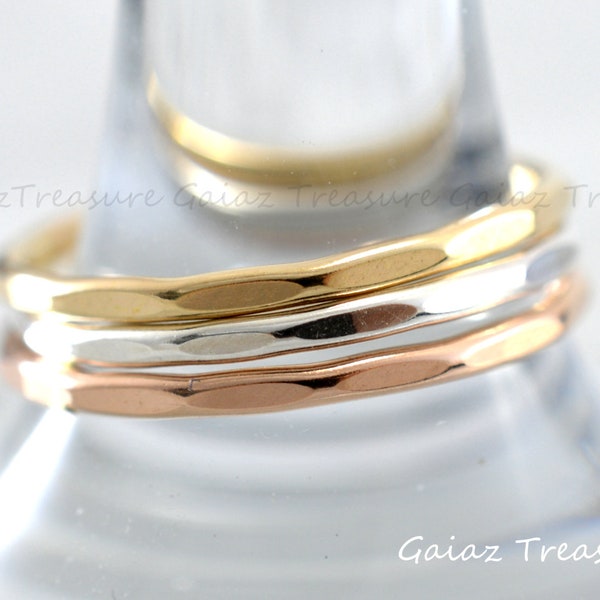 14K Gold Stapelringe, Trio-color Stack Ringe, Gold dünne Ringe, Zierliche Midi Ringe, Gehämmerter Ring, Rose-Gold Ring, 14K Gold Filled Ringe