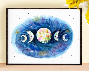 Fine art print enhanced with iridescent watercolor, FLOWER MOON, limited copies