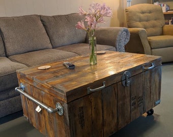 Industrial Coffee Table With Casters. Galvanized Steel Pipe. Distressed wood. Galvanized handles & latches. Interior storage w/ black inside