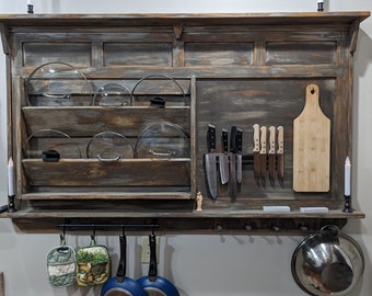 Personalized pot rack, pot lid holder, hot pad holder, magnetic knifeholder, perfect for extra kitchen storage, and it looks good doing it!