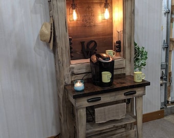 Coffee Armoire Bar crafted from a vintage door w/ a Butcher block top-Google smart dimmer switch/USB ports/outlet 120v 2 K-Cup mags 4 hooks