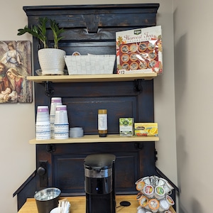 Coffee brew station-coffee bar from a recycled door, butcher block top/2 shelves for coffee accessories coffee mugs with nice mission style
