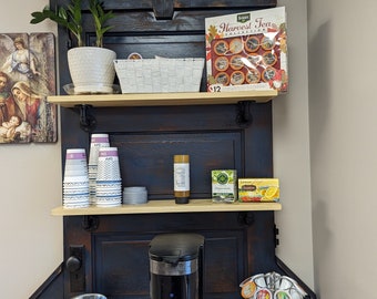 Coffee brew station-coffee bar from a recycled door, butcher block top/2 shelves for coffee accessories coffee mugs with nice mission style