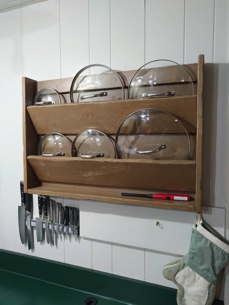 Wall Kitchen Organizer, Farm House Style, Wood Pot Lid Organizer