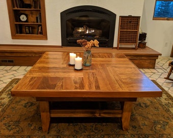 A square coffee table like this is a brute, and a great place to gather around! To just eat, entertainment, or game night. At a 42" square!!