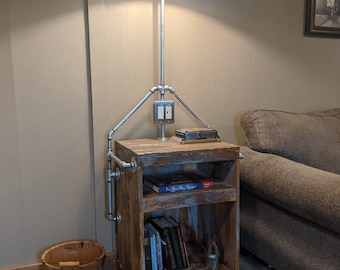 End Table With Industrial Lighting. Reclaimed Wood. Galvanized Steel Pipe. Casters. Outlet With 2/USB ports. Switch With Adjustable Timer.