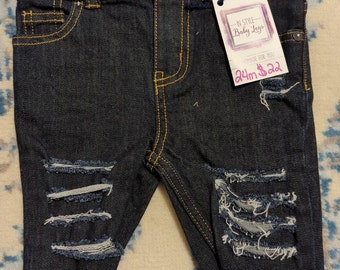 Dark Wash Distressed Boys Denim Shorts, Adjustable Waistband