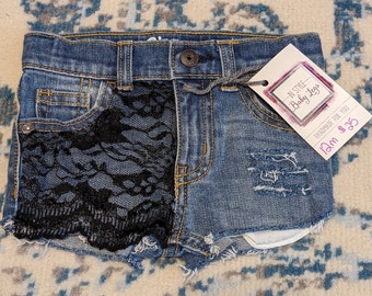 Distressed Denim Baby Shorts with Black Lace, Adjustable Waistband