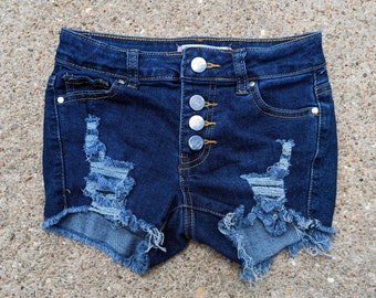 Girls Dark Wash Distressed Denim Shorts