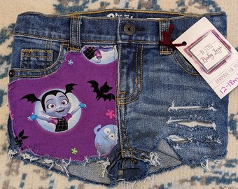 12-18m Girls Denim Shorts, Distressed Vampirina Fabric Panel, Adjustable Waistband