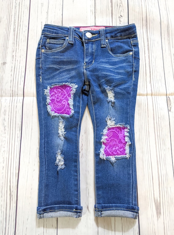 Lace Distressed Denim Kids Jeans Girls Denim Toddler Etsy