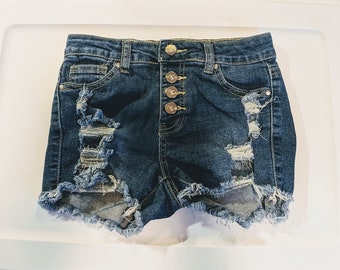 Girls Medium Wash Distressed Denim Shorts, Adjustable Waist