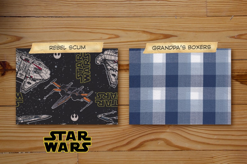 Puede incluir: Dos muestras de tela, una con fondo negro y un patr&oacute;n repetido de naves espaciales de Star Wars y el texto "STAR WARS", y la otra con un patr&oacute;n de cuadros azules y blancos. El texto "REBEL SCUM" est&aacute; sobre la tela de Star Wars y el texto "GRANDPA'S BOXERS" est&aacute; sobre la tela a cuadros.