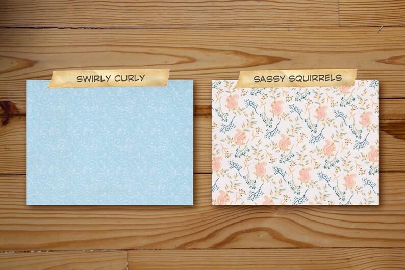 Puede incluir: Dos dise&ntilde;os de papel digital. El primer dise&ntilde;o es un fondo azul claro con un patr&oacute;n blanco en espiral. El segundo dise&ntilde;o es un fondo blanco con un patr&oacute;n de ardilla rosa. El texto "Swirly Curly" est&aacute; en el primer dise&ntilde;o y "Sassy Squirrels" est&aacute; en el segundo dise&ntilde;o.