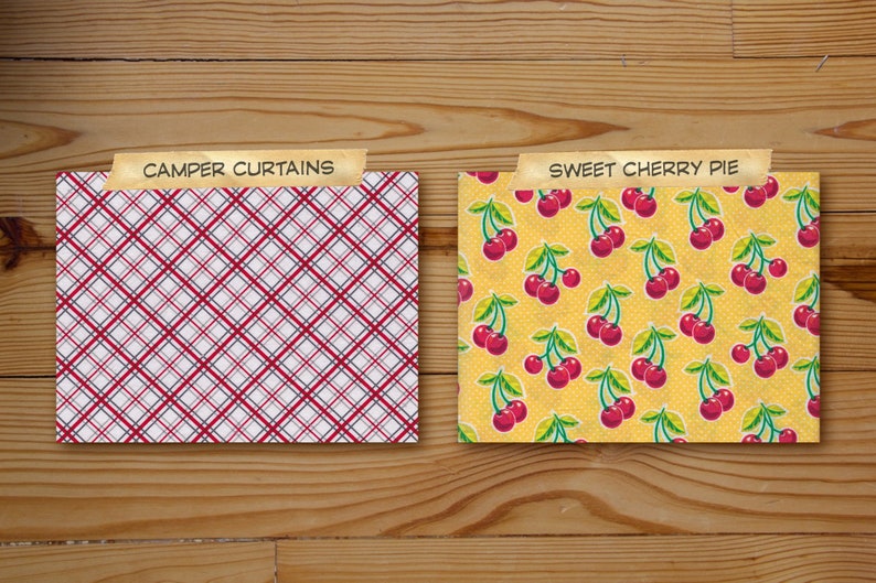 Puede incluir: Dos muestras de tela con diferentes patrones. La primera muestra es un patr&oacute;n de cuadros rojos y blancos con el texto "CAMPER CURTAINS". La segunda muestra es un fondo amarillo con un patr&oacute;n repetido de cerezas rojas y hojas verdes con el texto "SWEET CHERRY PIE".