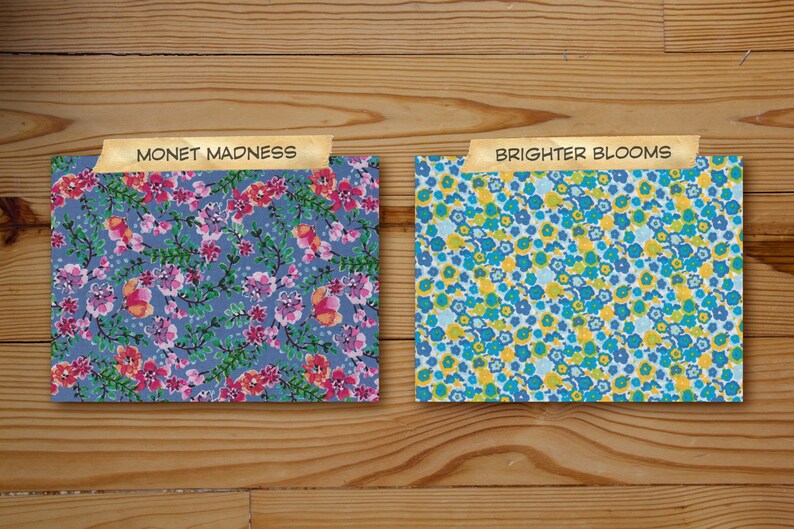 Puede incluir: Dos muestras de tela con patrones florales. La primera muestra es azul con flores rosas y rojas y el texto "MONET MADNESS". La segunda muestra es blanca con flores azules, amarillas y verdes y el texto "BRIGHTER BLOOMS".